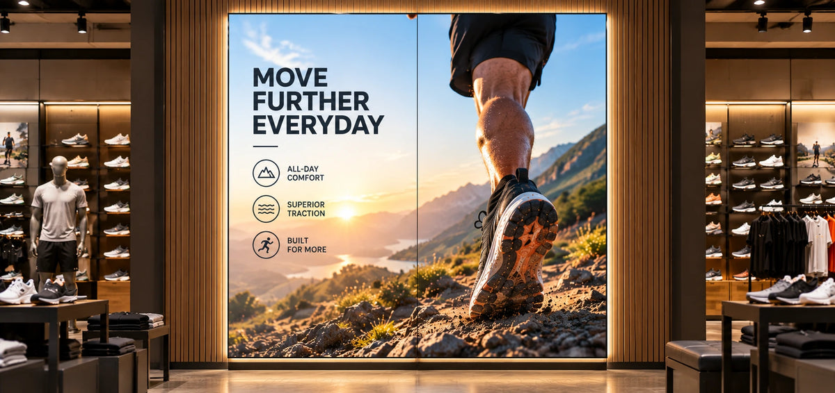 Two panel backlit display in a footwear and apparel store showing a hiking image, a trail shoe and the text Move Further Everyday. Brands and artwork shown are for illustrative purposes only.