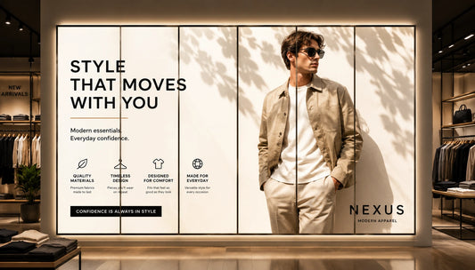 A large illuminated retail display wall in a clothing store, featuring a male model wearing sunglasses, a beige overshirt, white shirt, and light trousers. The display includes text such as 'STYLE THAT MOVES WITH YOU,' product feature icons, and the brand name 'NEXUS' with 'MODE APPAREL' below.