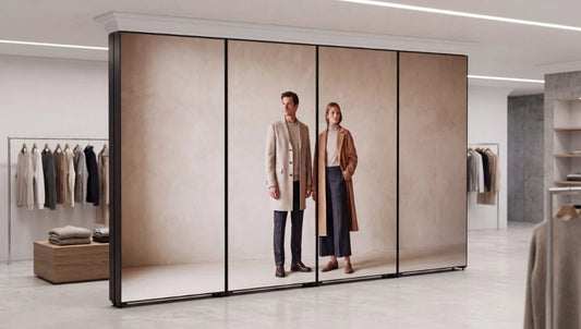 Freestanding four panel LYOLEY display wall in a fashion boutique, carrying a printed fabric graphic of two models in long coats