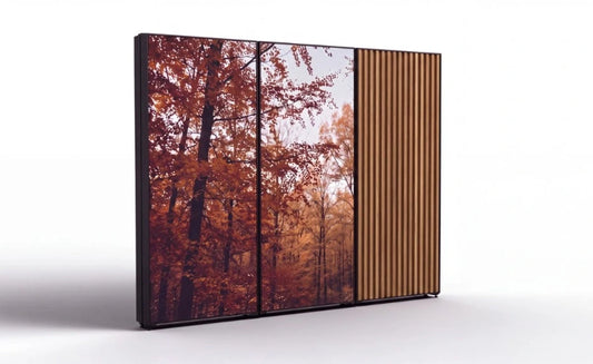 Freestanding three panel LYOLEY display wall with autumn forest fabric graphics on two panels and a timber slat graphic on the third