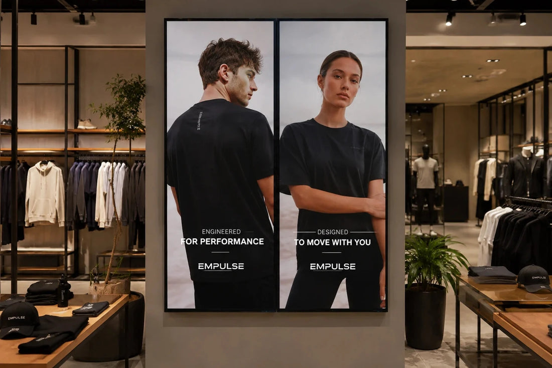 Two panel LYOLEY display wall inside a clothing store, holding a tensioned printed fabric graphic of two models in black performance t-shirts, with clothing racks and plants alongside