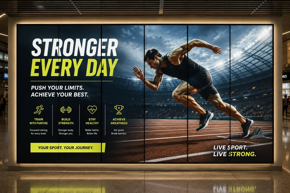 Six panel LYOLEY fabric display wall showing a runner on a stadium track with the headline Stronger Every Day