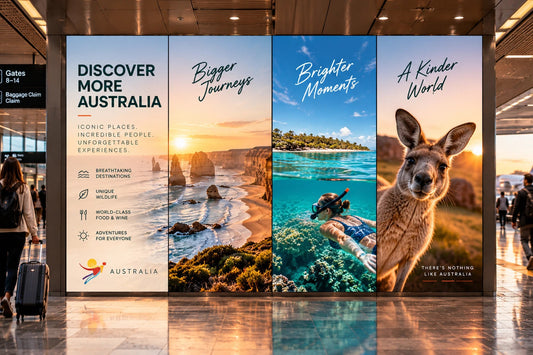 Four panel backlit travel display in an airport terminal with Australian imagery: kangaroos, coastal cliffs at sunset and a diver on a coral reef. Brands and artwork shown are for illustrative purposes only.