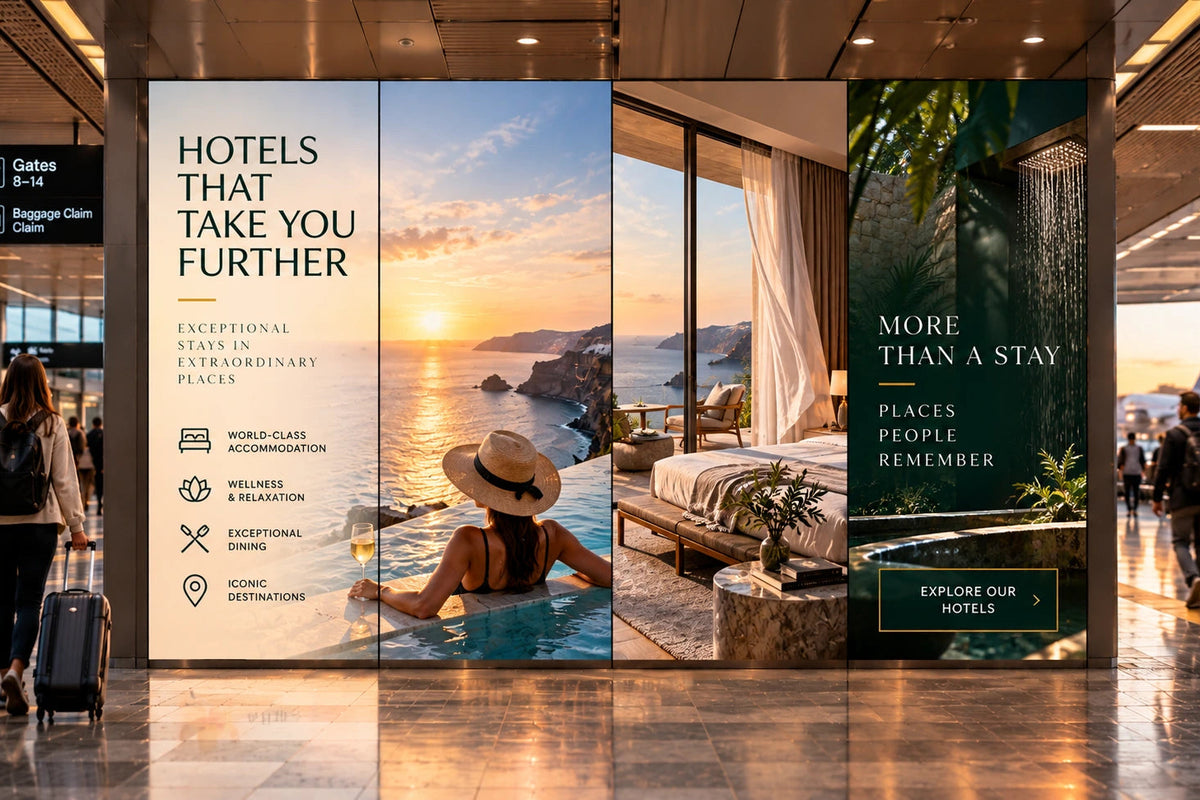 Four panel backlit display in an airport terminal promoting hotels and travel, with a sunset over water, a pool scene and a bedroom interior. Brands and artwork shown are for illustrative purposes only.