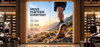 Two panel backlit display in a footwear and apparel store showing a hiking image, a trail shoe and the text Move Further Everyday. Brands and artwork shown are for illustrative purposes only.