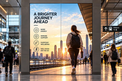 Two panel backlit display in a transit station showing a city skyline at sunset and the text A Brighter Journey Ahead. Brands and artwork shown are for illustrative purposes only.