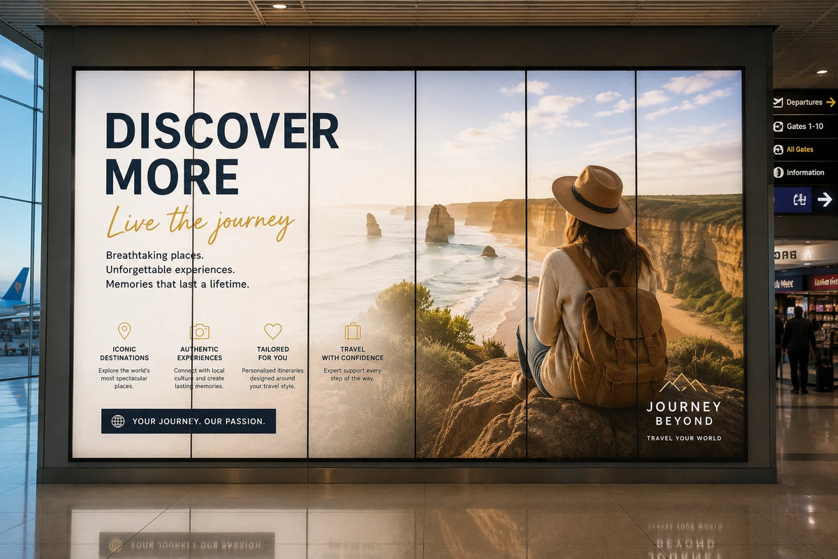 A large vertical digital advertising display screen in an airport or transit terminal, showing a travel ad with the text 'DISCOVER MORE Live the journey' and a scenic coastal cliffside photo with a person wearing a hat and backpack, plus the brand name 'JOURNEY BEYOND'.