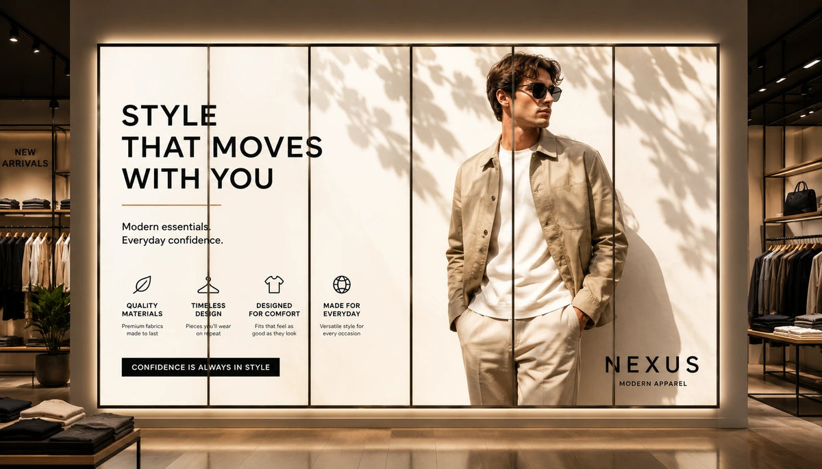 A large illuminated retail display wall in a clothing store, featuring a male model wearing sunglasses, a beige overshirt, white shirt, and light trousers. The display includes text such as 'STYLE THAT MOVES WITH YOU,' product feature icons, and the brand name 'NEXUS' with 'MODE APPAREL' below.