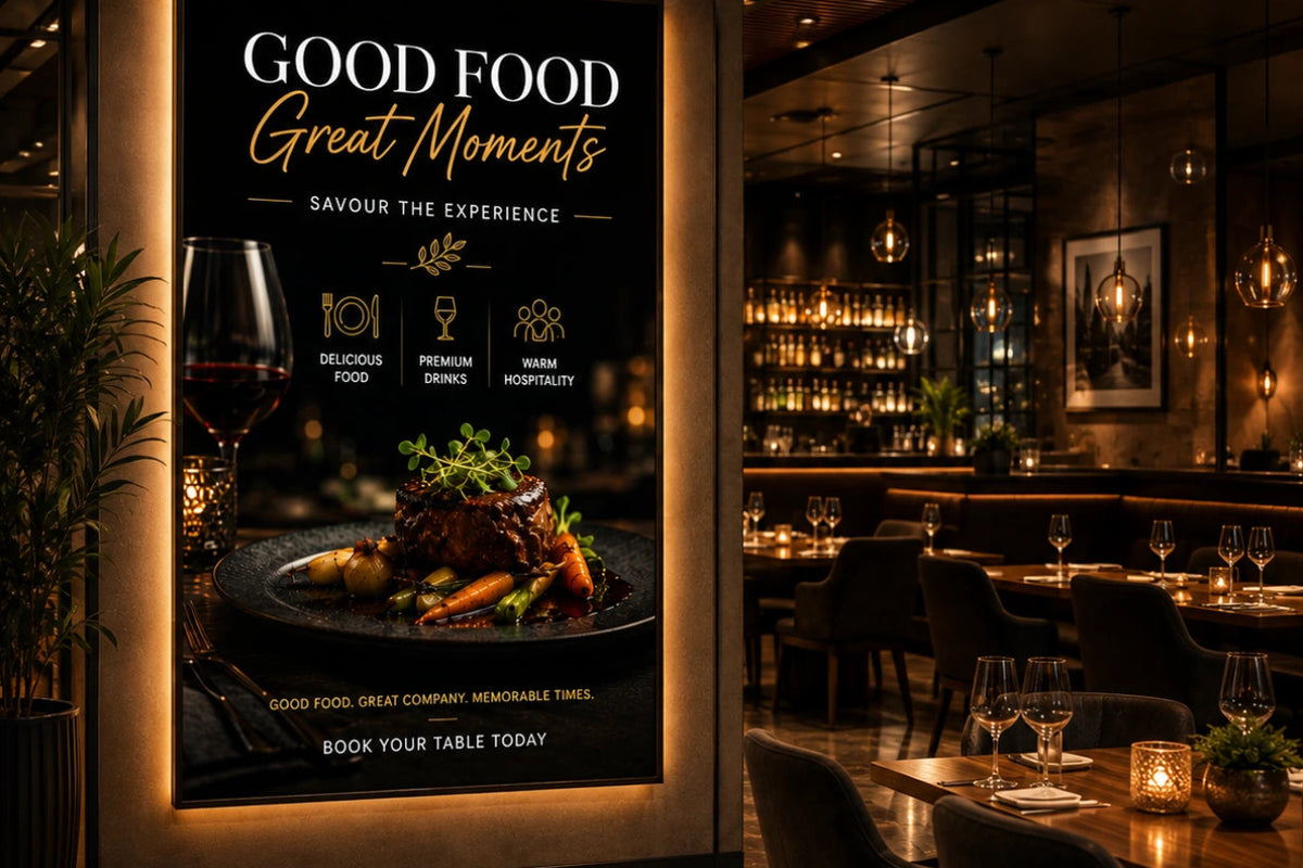 A vertical restaurant promotional poster mounted on a wall in a dimly lit dining area. The poster features a black background with warm gold and white typography reading 'GOOD FOOD Great Moments' and shows a plated steak dish with garnish.