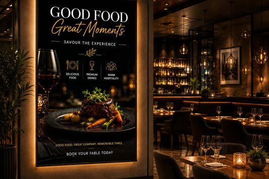 A vertical restaurant promotional poster mounted on a wall in a dimly lit dining area. The poster features a black background with warm gold and white typography reading 'GOOD FOOD Great Moments' and shows a plated steak dish with garnish.