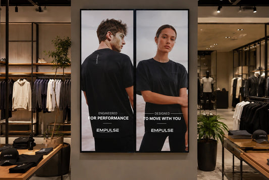 A large vertical retail display screen showing two models wearing black EMPULSE performance t-shirts, set inside a modern clothing store with racks and plants in the background.