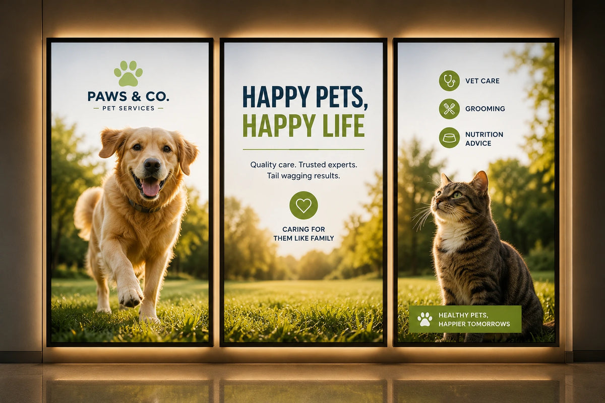 Three vertical framed pet-service posters displayed side by side in a lit interior. The posters feature a golden retriever on the left, large green and black text reading 'HAPPY PETS, HAPPY LIFE' in the center, and a tabby cat with green icons for vet care, grooming, and nutrition advice on the right.