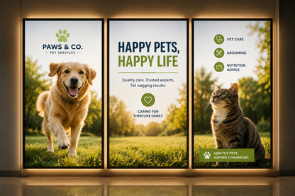 Three vertical framed pet-service posters displayed side by side in a lit interior. The posters feature a golden retriever on the left, large green and black text reading 'HAPPY PETS, HAPPY LIFE' in the center, and a tabby cat with green icons for vet care, grooming, and nutrition advice on the right.