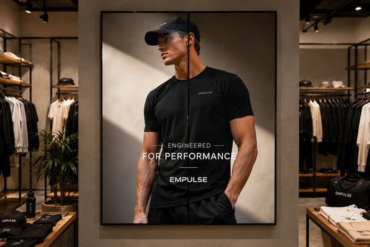 A large framed wall poster in a retail store displays a muscular man wearing a black Empulse athletic t-shirt and cap. The poster features the text 'ENGINEERED FOR PERFORMANCE' and 'EMPULSE'.