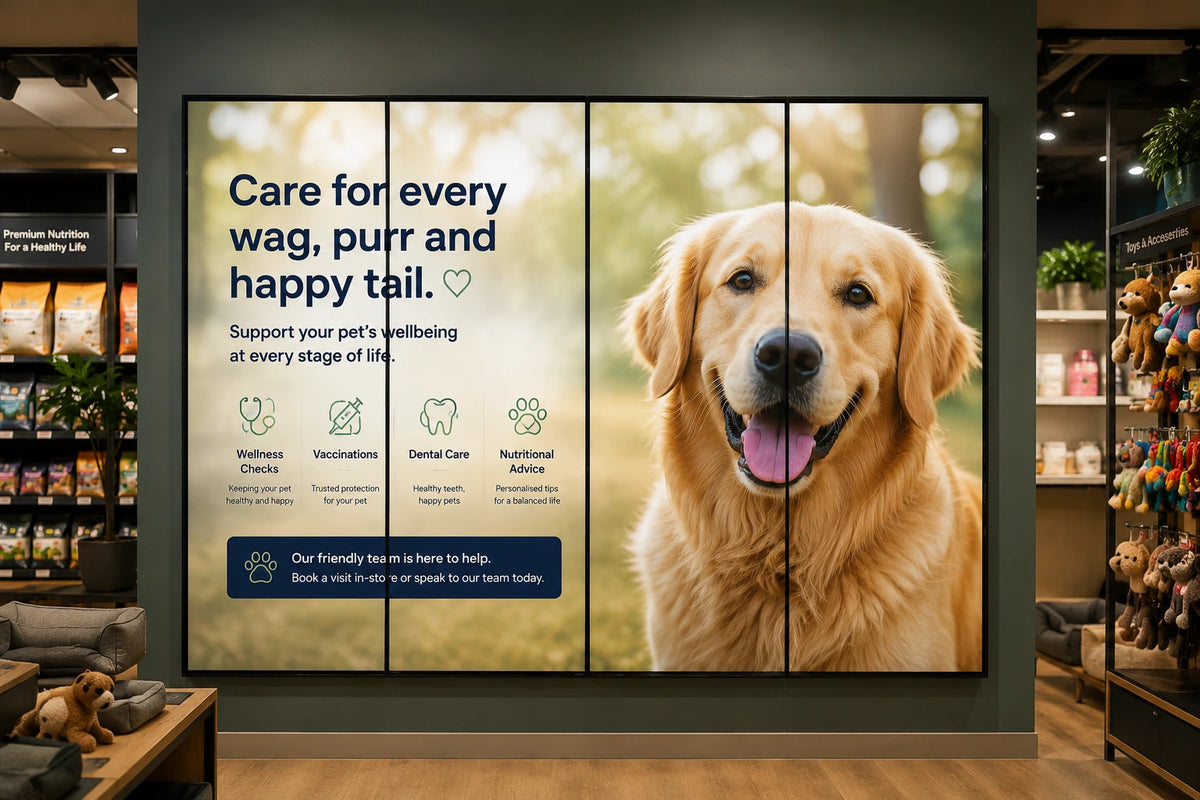 A large multi-panel wall display in a retail store showing a golden retriever photo and pet wellness marketing text, including 'Care for every wag, purr and happy tail' and service icons for wellness, vaccinations, dental care, nutritional balance, and behavioral support.