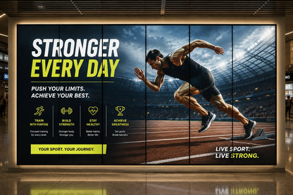 A large vertical digital advertising banner displayed on a wall in a gym or lobby. The banner features a male athlete running on a track in a stadium, with motivational text including 'STRONGER EVERY DAY' and fitness callouts.