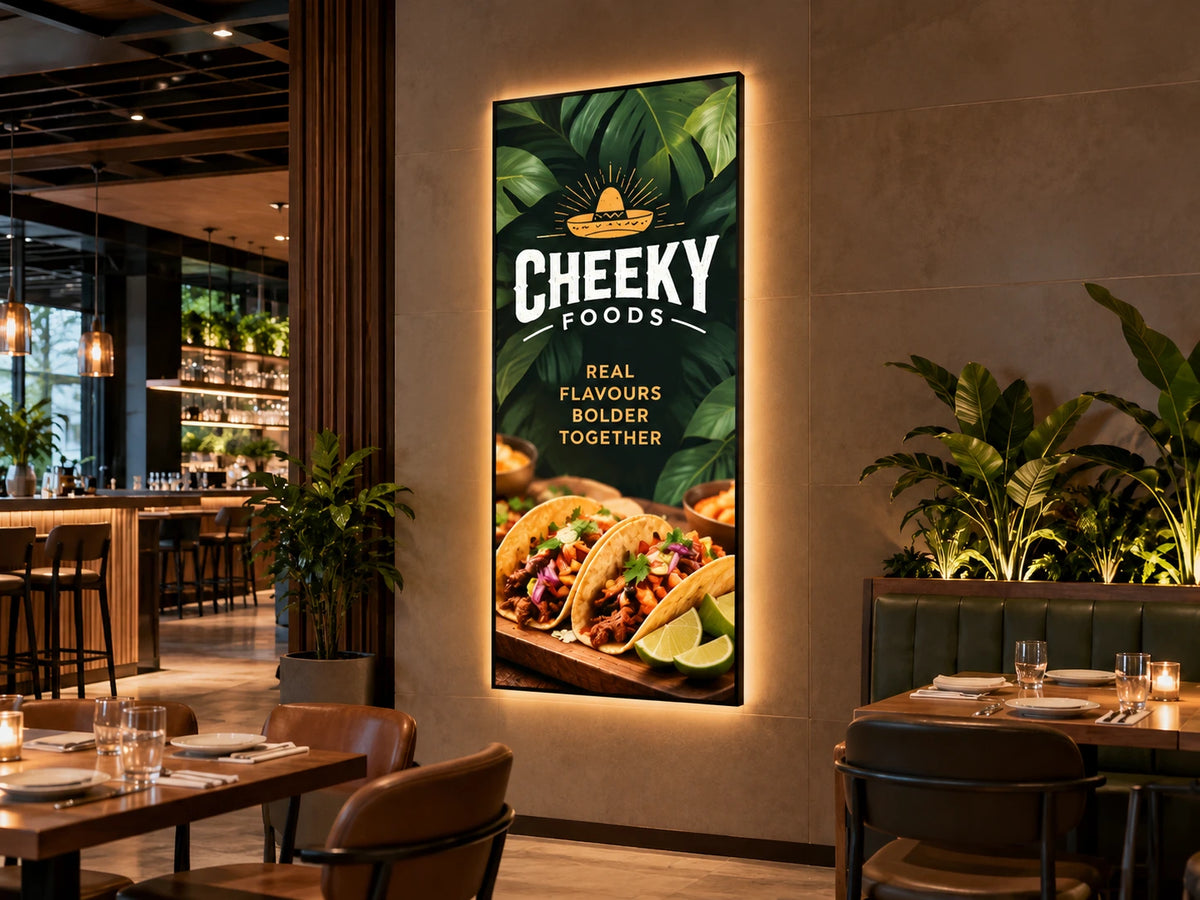 Single panel backlit restaurant sign for Cheeky Foods on a beige wall, with a dark tropical leaf background and two tacos with lime wedges. Brands and artwork shown are for illustrative purposes only.