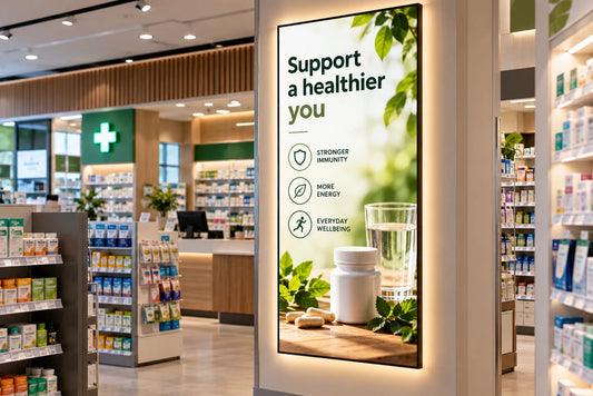 Single panel backlit display inside a pharmacy with the text Support a healthier you, wellness icons, green leaves and a pill bottle. Brands and artwork shown are for illustrative purposes only.