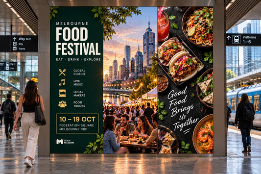 Three panel backlit display on a train station platform promoting the Melbourne Food Festival, with the Melbourne skyline at sunset and plated food. Brands and artwork shown are for illustrative purposes only.