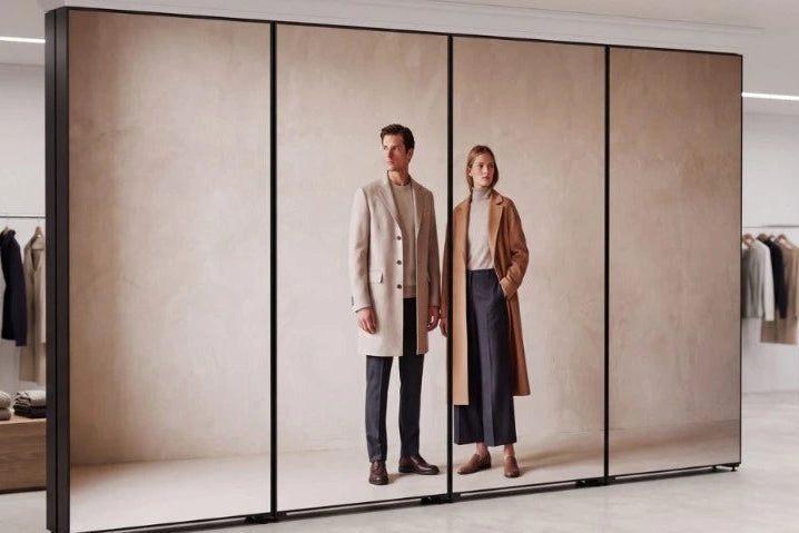 Freestanding four panel LYOLEY display wall in a fashion boutique, carrying a printed fabric graphic of two models in long coats