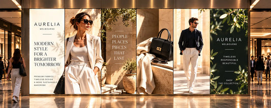 Six panel backlit display for Aurelia Melbourne showing fashion models, a handbag close-up and a green leafy branded panel. Brands and artwork shown are for illustrative purposes only.