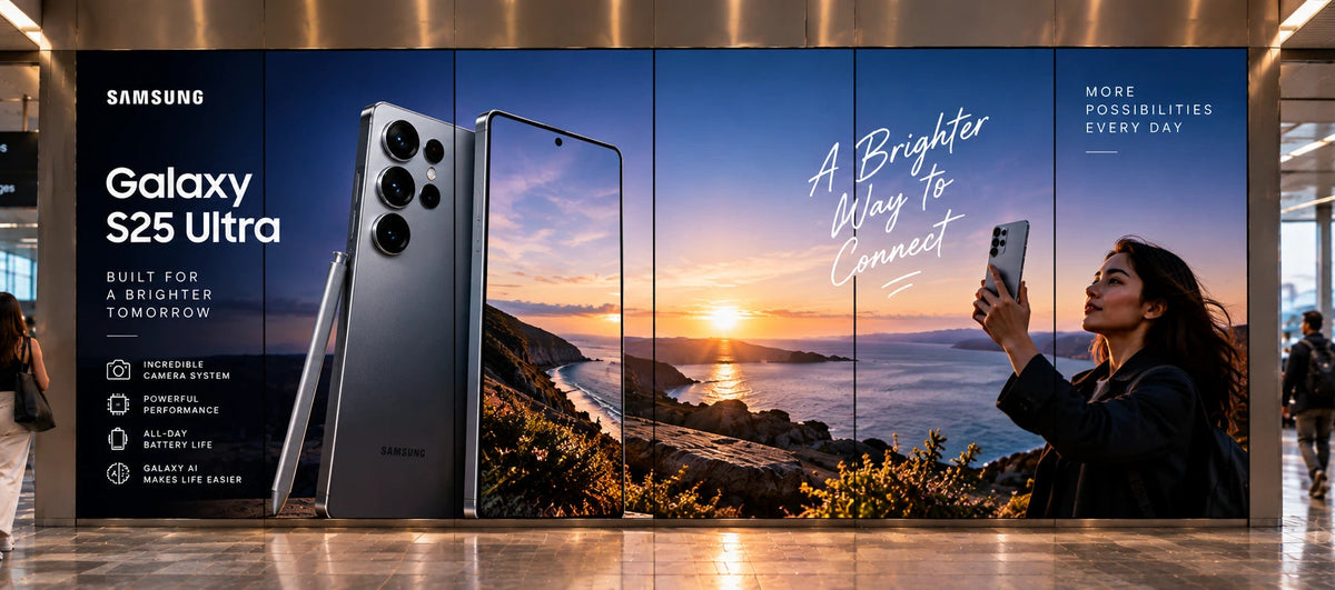 Six panel backlit display in a transit hall promoting the Samsung Galaxy S25 Ultra, with the phone from several angles and a coastal sunset image. Brands and artwork shown are for illustrative purposes only.