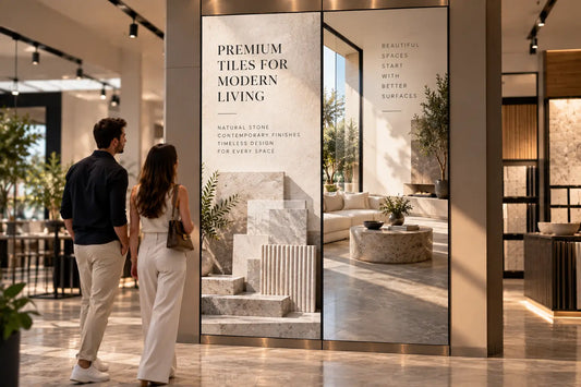 A man and a woman walk past a large promotional display for premium tiles in a showroom, with marble-look tile samples and a styled interior scene. Brands and artwork shown are for illustrative purposes only.