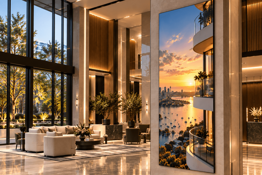 A large vertical wall art print depicting a sunset over water with a city skyline and a curved balcony, displayed in a modern, upscale hotel lobby with marble floors, seating, and large windows.