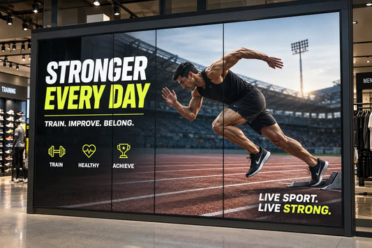 Display wall inside a retail store showing a sports advertisement with a male athlete running on an athletic track and the headline Stronger Every Day. Brands and artwork shown are for illustrative purposes only.