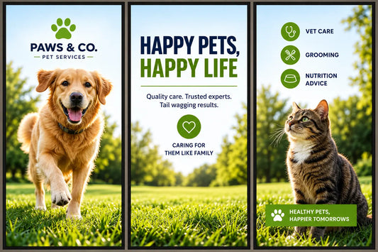 Three-panel display for a pet services business featuring a golden retriever, a cat and text promoting grooming, vet care and nutrition advice over a green outdoor background. Brands and artwork shown are for illustrative purposes only.