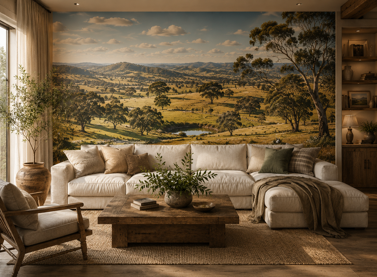 LYOFRAME fabric feature wall with a printed Australian landscape graphic in a living room