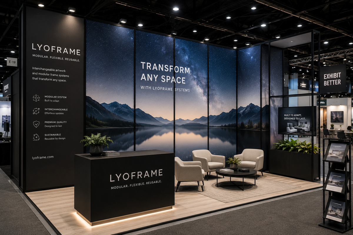 LYOFRAME modular display walls forming an exhibition stand with mountain lake graphics