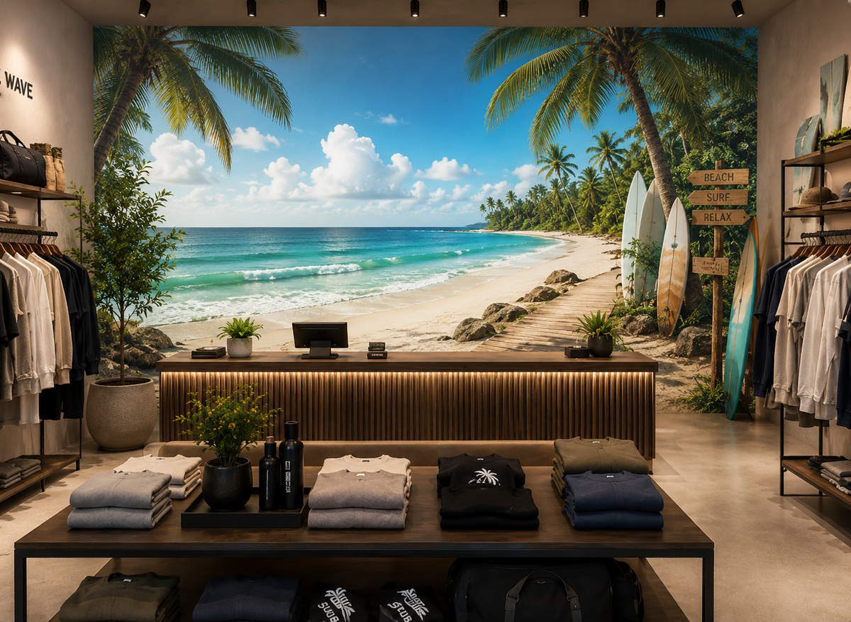 LYOFRAME printed fabric wall with a tropical beach graphic in a fashion retail store